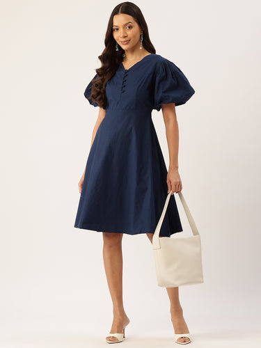 Puff Sleeve Fit & Flare Midi Dress